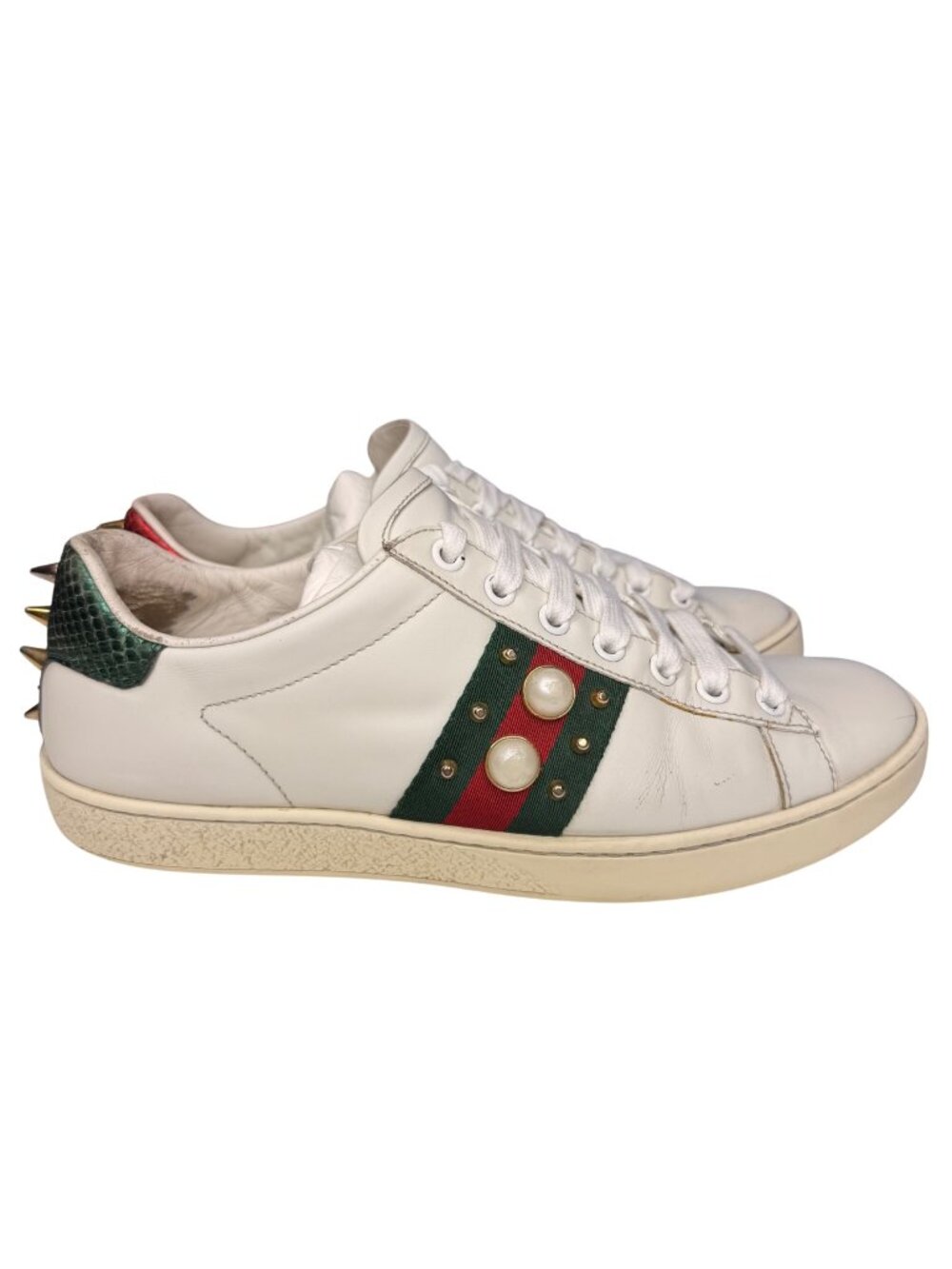 Gucci Ace Studded Pearl Spikes White Leather Sneakers Women IT 38 US 8